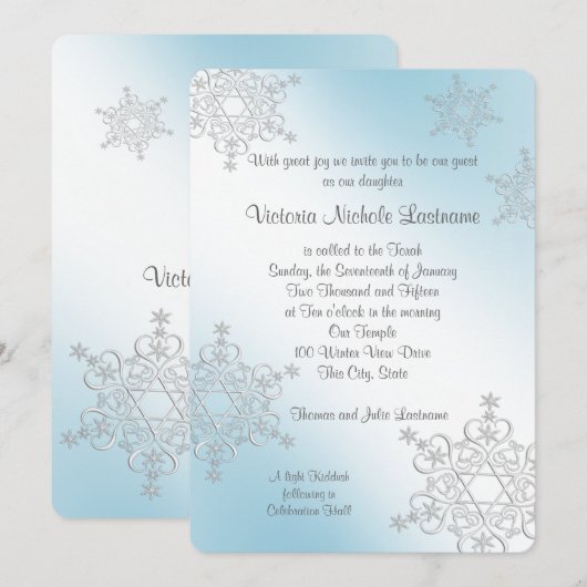 Zilver en IJsblauw Sneeuwvlokken Bat Mitswa Kaart (Voorkant / Achterkant)
