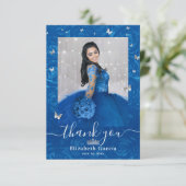Zilver en Koninklijk Blauw Quinceañera 2 Foto Verj Bedankkaart (Staand voorkant)