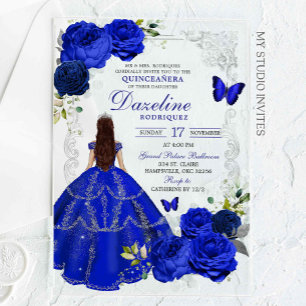 Zilver en Koninklijk Blauwe Prinses Quinceañera Acryl Uitnodigingen