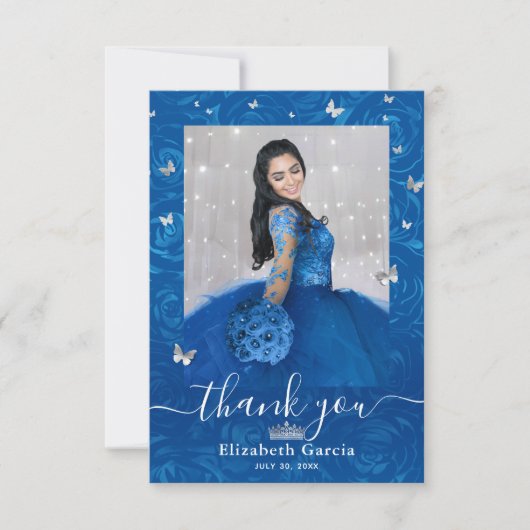 Zilver en Koninklijk Blauwe Quinceañera 2 Foto Ver Bedankkaart (Voorkant)