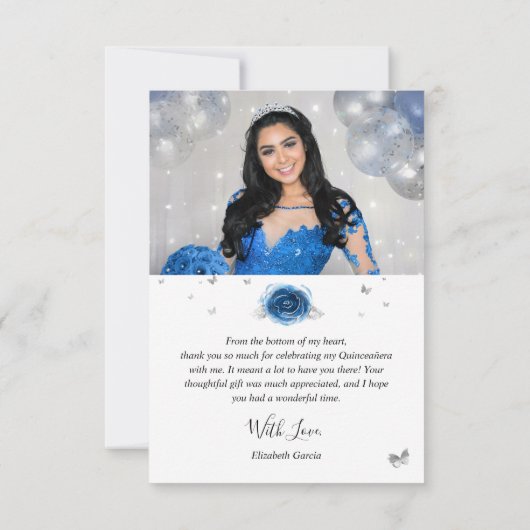 Zilver en Koninklijk Blauwe Quinceañera 2 Foto Ver Bedankkaart (Achterkant)