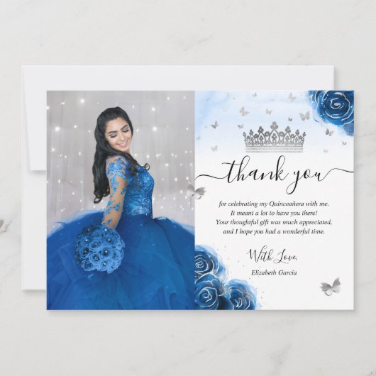 Zilver en Koninklijk Blauwe Quinceañera Foto Verja Bedankkaart (Voorkant)