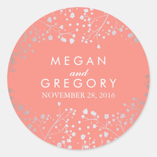 Zilver en koraal Baby's Breath bruiloft Ronde Sticker (Voorkant)