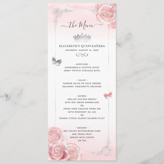 Zilver en licht Blush roze rozen Elegant Floral Menu (Voorkant)
