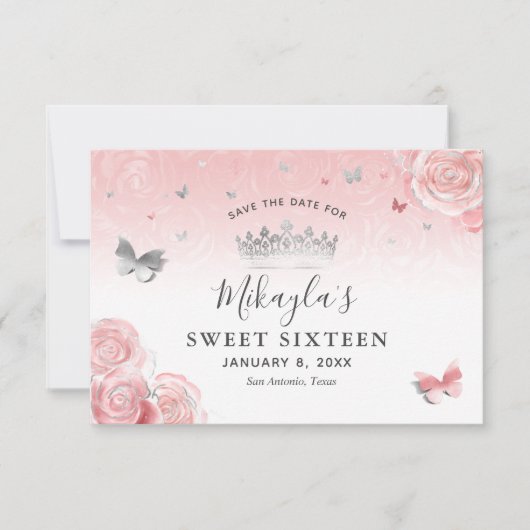 Zilver en licht Blush roze rozen Elegant Save The Date (Voorkant)