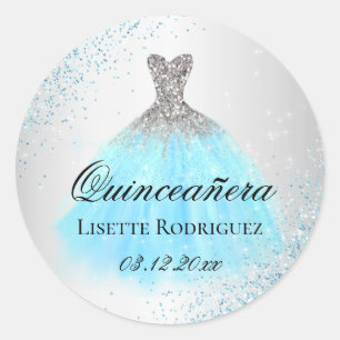 Zilver en lichtblauw Quinceanera Ronde Sticker