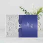Zilver en Marine Monogrammed Uitnodiging (Staand voorkant)