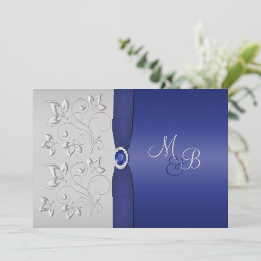 Zilver en Marine Monogrammed Uitnodiging (Staand voorkant)