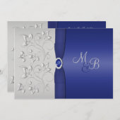 Zilver en Marine Monogrammed Uitnodiging (Voorkant / Achterkant)