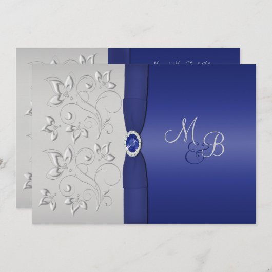 Zilver en Marine Monogrammed Uitnodiging (Voorkant / Achterkant)