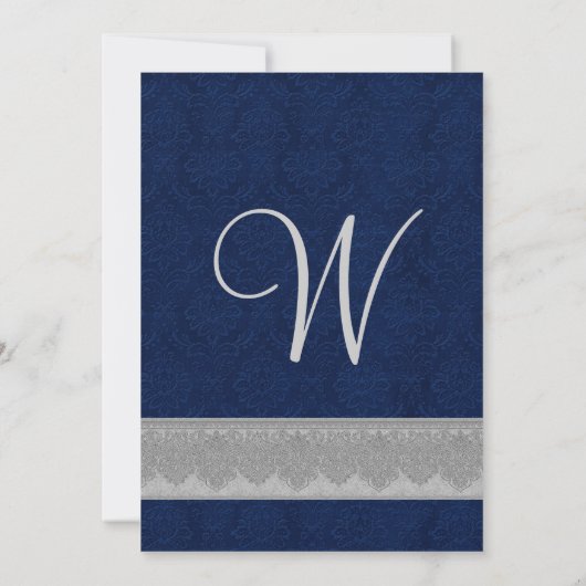 Zilver en marineslakkerij Damask Ribbon Monogram W Kaart (Achterkant)