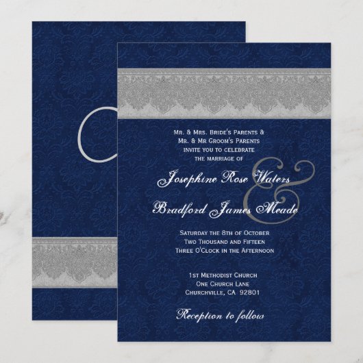 Zilver en marineslakkerij Damask Ribbon Monogram W Kaart (Voorkant / Achterkant)