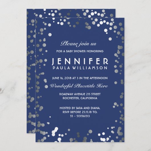 Zilver en Navy Confetti Stippen  Baby shower Kaart (Voorkant / Achterkant)