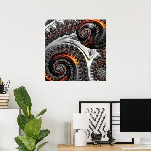 Zilver en Oranje Mandelbrot met bol Poster (Thuiskantoor)