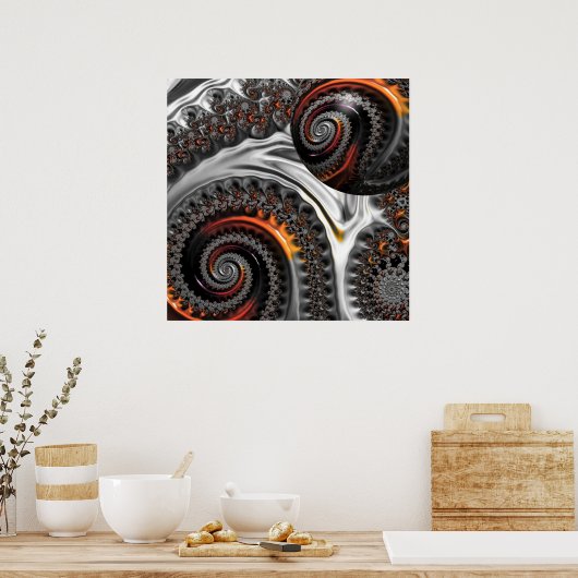 Zilver en Oranje Mandelbrot met bol Poster (Keuken)
