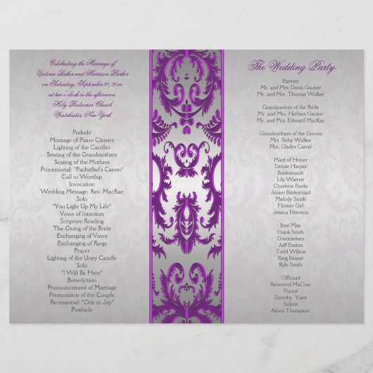 Zilver- en Paars Damask II Wedding Programme (Achterkant)