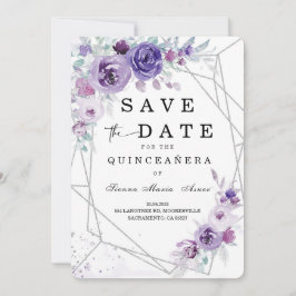 Zilver en Paars  Save the Date Quinceañera Kaart