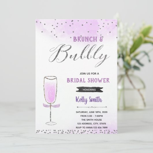 Zilver en paarse brunch en bubbly thema kaart (Staand voorkant)