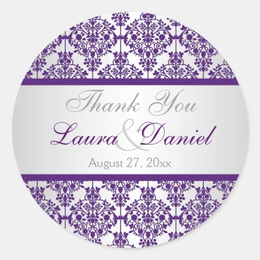 Zilver en Paarse Damask 1.5"Dank u Sticker (Voorkant)