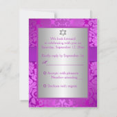 Zilver en Paarse Damask Bat Mitzvah Reply Card RSVP Kaartje (Achterkant)