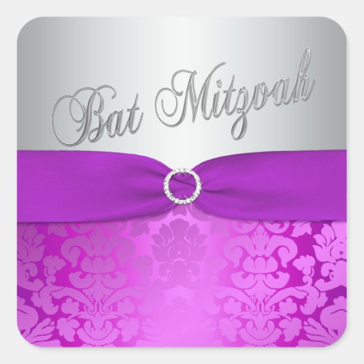 Zilver en Paarse Damask Bat Mitzvah Sticker (Voorkant)