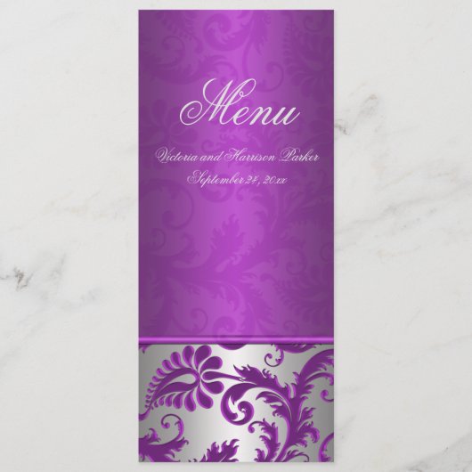 Zilver en Paarse Damask II Bruiloft Menu Kaart (Voorkant)