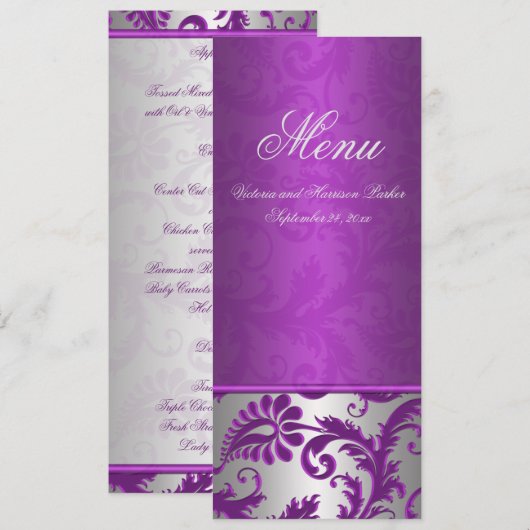 Zilver en Paarse Damask II Bruiloft Menu Kaart (Voorkant / Achterkant)