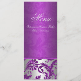 Zilver en Paarse Damask II Bruiloft Menu Kaart