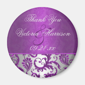 Zilver en Paarse Damask II Wedding Favor Magnet