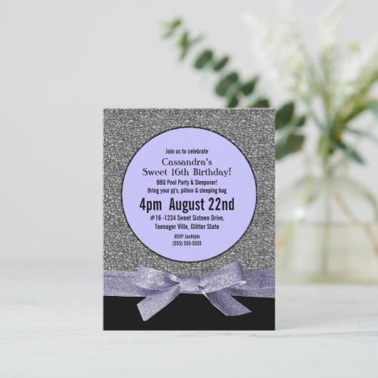 Zilver en Paarse Faux Glitter Girly Party Kaart (Staand voorkant)