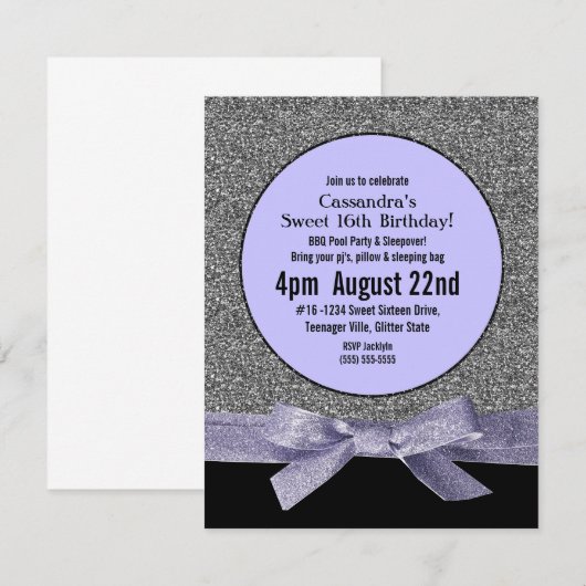 Zilver en Paarse Faux Glitter Girly Party Kaart (Voorkant / Achterkant)