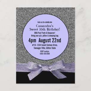 Zilver en Paarse Faux Glitter Girly Party Kaart