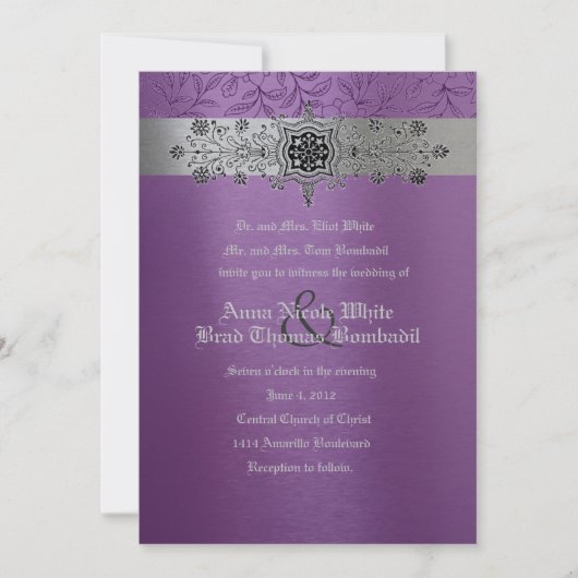 Zilver en Paarse Floral Metallic Wedding Invitatio Kaart (Voorkant)