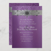 Zilver en Paarse Floral Metallic Wedding Invitatio Kaart (Voorkant / Achterkant)