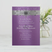 Zilver en Paarse Floral Metallic Wedding Invitatio Kaart (Staand voorkant)