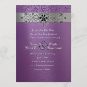 Zilver en Paarse Floral Metallic Wedding Invitatio Kaart