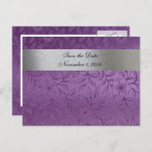 Zilver en Paarse Metallic Bewaar de Datum Aankondigingskaart (Voorkant / Achterkant)