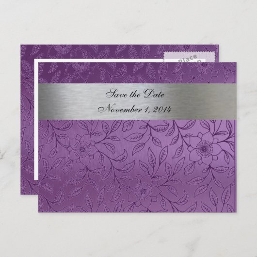 Zilver en Paarse Metallic Bewaar de Datum Aankondigingskaart (Voorkant / Achterkant)