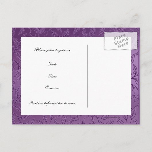 Zilver en Paarse Metallic Bewaar de Datum Aankondigingskaart (Achterkant)