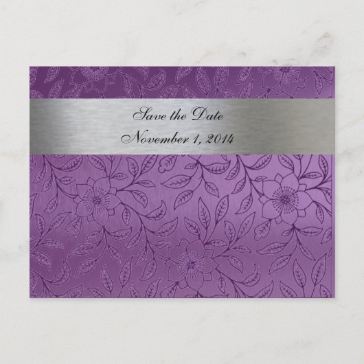 Zilver en Paarse Metallic Bewaar de Datum Aankondigingskaart (Voorkant)
