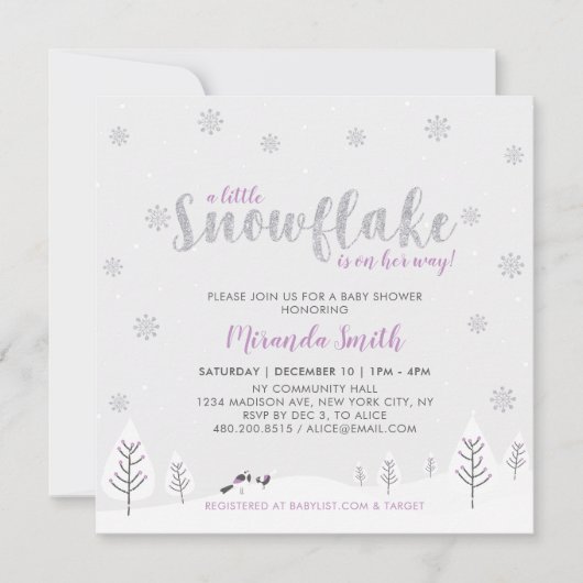 Zilver en Paarse Winter Wonderland Girl Baby showe Kaart (Voorkant)