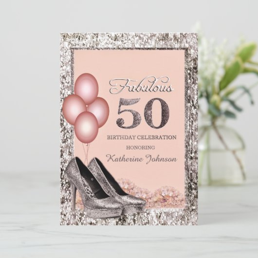 Zilver en Perzik Uitnodiging 50th Birthday (Staand voorkant)