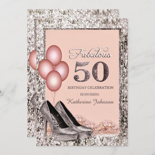 Zilver en Perzik Uitnodiging 50th Birthday (Voorkant / Achterkant)