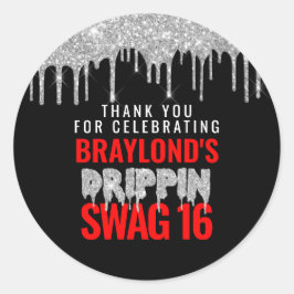 Zilver en Rood Drippin Swag 16 Verjaardag Ronde Sticker