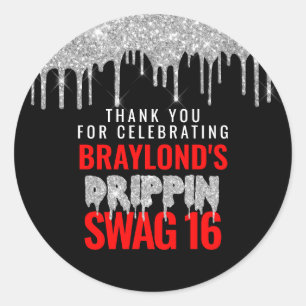 Zilver en Rood Drippin Swag 16 Verjaardag  Ronde Sticker