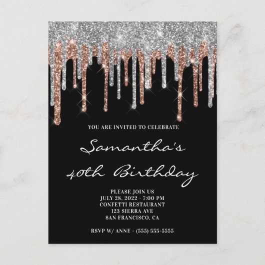 Zilver en Roos Gold Glitter Drift zwarte dag Briefkaart (Voorkant)