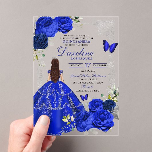Zilver en Royal Blue Princess Quinceañera Acryl Uitnodigingen (Insitu (Draagbaar))