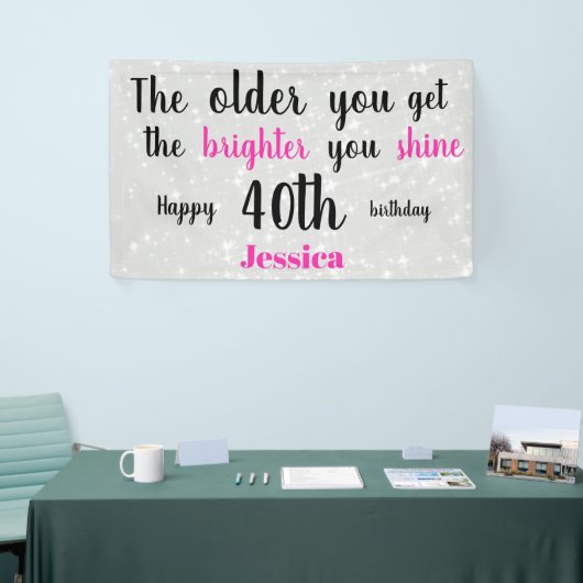 Zilver en roze 40e verjaardag gepersonaliseerd spandoek (Beurs)