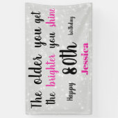Zilver en roze 80e verjaardag gepersonaliseerd spandoek (Verticaal)
