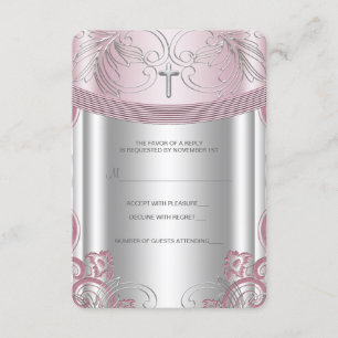 Zilver en roze babymet RSVP voor doopfeest Kaartje